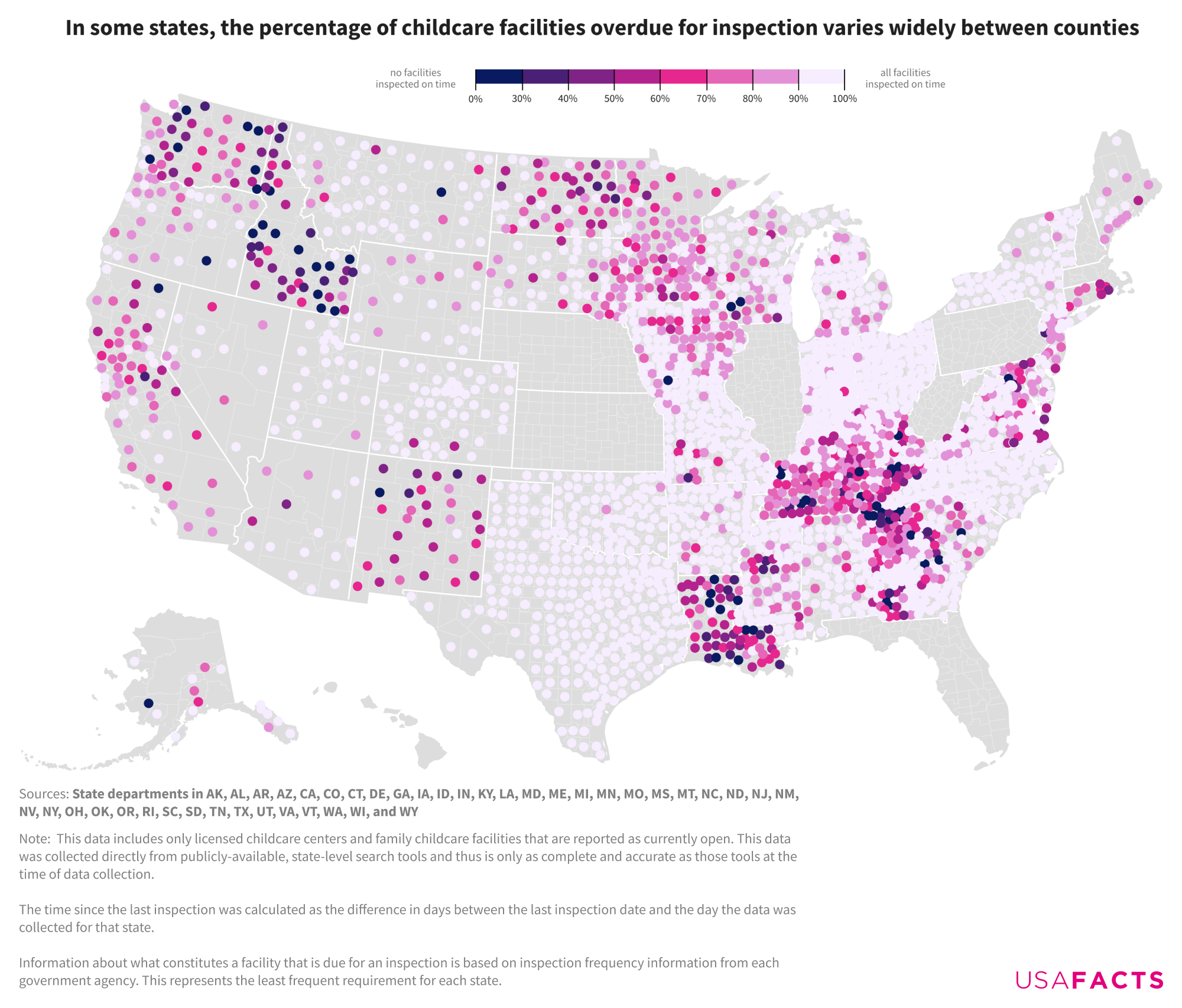 US county map showing the percentage of childcare facilities within each county that have been inspected within the regulated time frame.